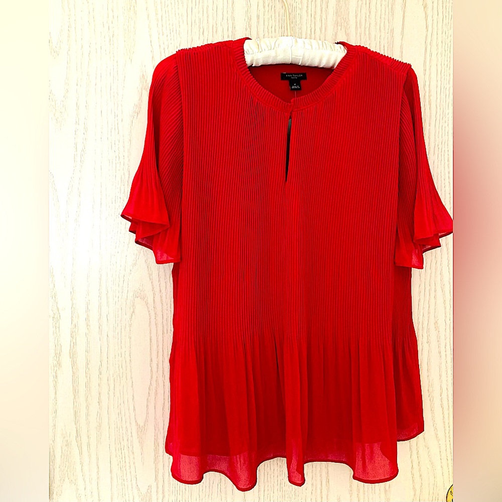 Ann Taylor Red Pleated Flutter Sleeve Blouse - New